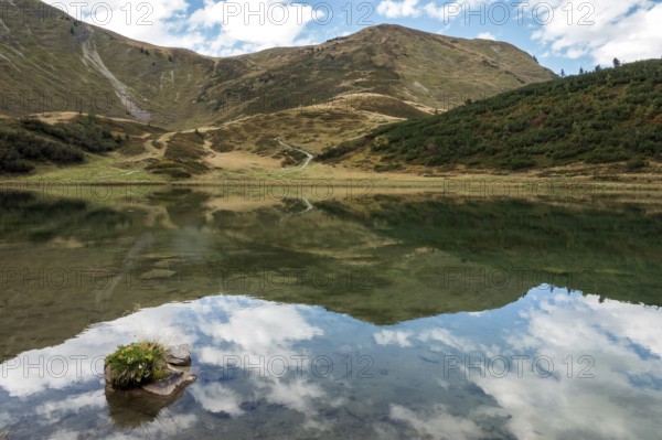 Schlappoldkopf and Söllerkopf are reflected in Schlappoldsee, Fellhorn, Oberstdorf, Oberallgäu, Allgäu, Bavaria, Germany