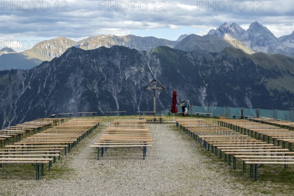 Seating and cruez for mountain service at Schlappoldsee station of the Fellhorn cable car, in the back mountains of the Allgäu Alps, Oberstdorf, Oberallgäu, Bavaria, Germany