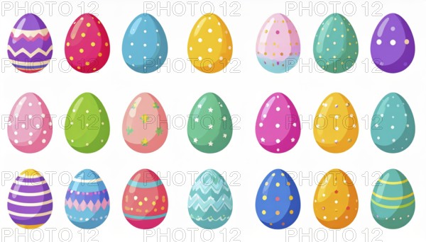 Set of easter eggs flat design on white background, abstract vector wallpaper illustration, banner for springtime, AI generated