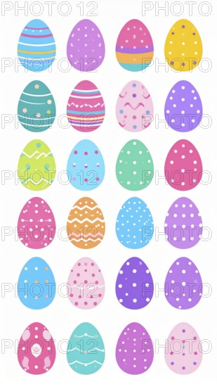 Set of easter eggs flat design on white background, abstract vector wallpaper illustration, banner for springtime, AI generated