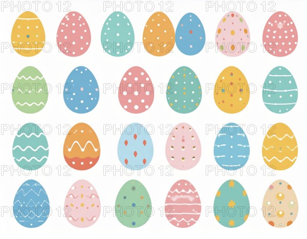 Set of easter eggs flat design on white background, abstract vector wallpaper illustration, banner for springtime, AI generated