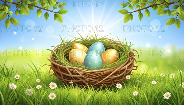 Nest with easter eggs in grass on a sunny spring day, Easter wallpaper decoration drawing, banner, panorama, background, abstract vector illustration, AI generated