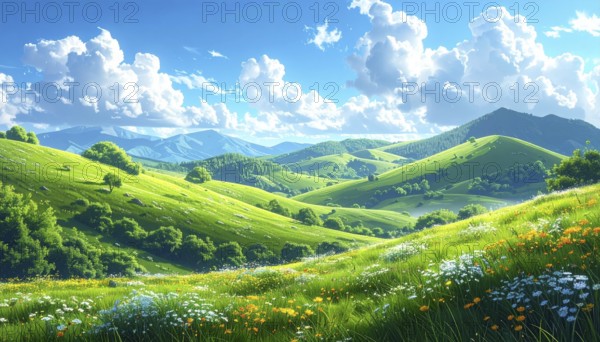 Fresh summer hilly Landscape with blooming Meadow, green plants, Blue Sky with cloudy sky, serene nature background, abstract vector illustration, AI generated