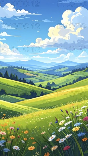 Fresh summer hilly Landscape with blooming Meadow, green plants, Blue Sky with cloudy sky, serene nature background, abstract vector illustration, AI generated
