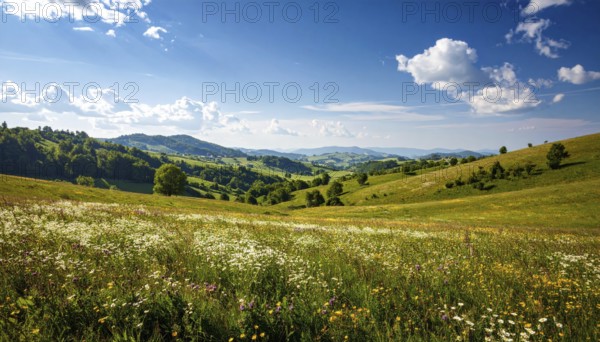 Fresh summer hilly Landscape with blooming Meadow, green plants, Blue Sky with cloudy sky, serene nature background, AI generated
