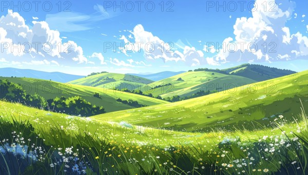 Fresh summer hilly Landscape with blooming Meadow, green plants, Blue Sky with cloudy sky, serene nature background, abstract vector illustration, AI generated