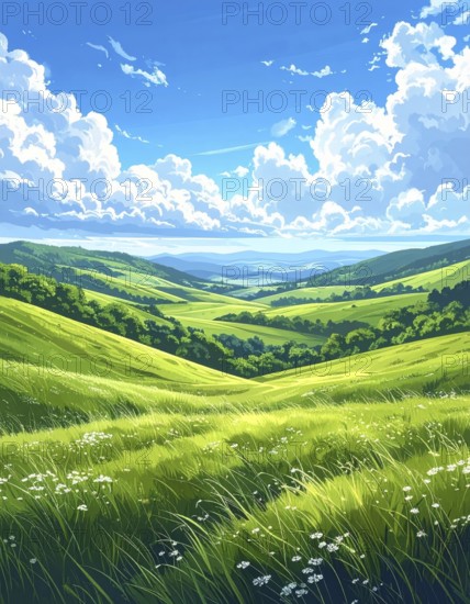 Fresh summer hilly Landscape with blooming Meadow, green plants, Blue Sky with cloudy sky, serene nature background, abstract vector illustration, AI generated