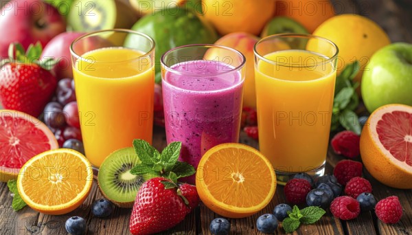 Fresh fruit juices in glasses, surrounded by colorful fruits, showcasing healthy drinking and eating, fitness and wellness lifestyle, AI generated