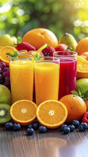 Fresh fruit juices in glasses, surrounded by colorful fruits, showcasing healthy drinking and eating, fitness and wellness lifestyle, AI generated