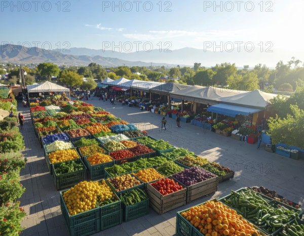Traditional Mexican plaza with crates of peppers, onions, and tomatoes, economic prosperity in local trade, travel destination in America, AI generated