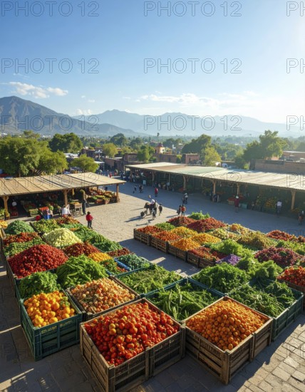 Traditional Mexican plaza with crates of peppers, onions, and tomatoes, economic prosperity in local trade, travel destination in America, AI generated