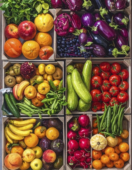 Fresh fruits and vegetables in a market display, aerial view perpendicular top down, healthy eating and lifestyle, AI generated