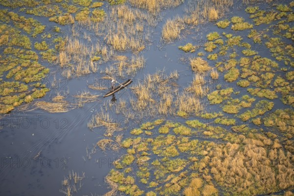 Marshland, marshland, Kavango fishermen with their mokoro on the water, aerial view, Okavango Delta, Botswana
