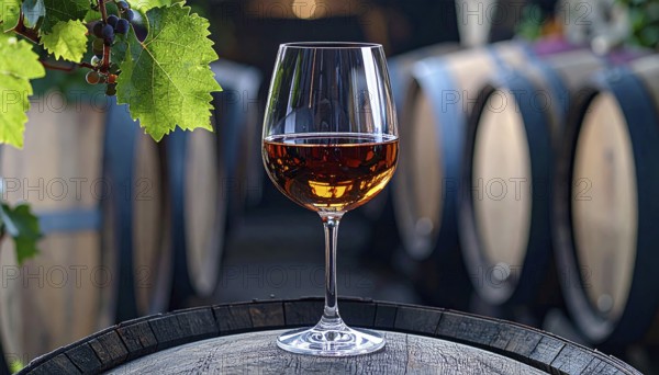 A glass of 10-year-old tawny wine placed on a barrel in a vineyard restaurant, vineyard landscape in blurred background, AI generated