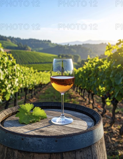 A glass of 10-year-old tawny wine placed on a barrel in a vineyard restaurant, vineyard landscape in blurred background, AI generated