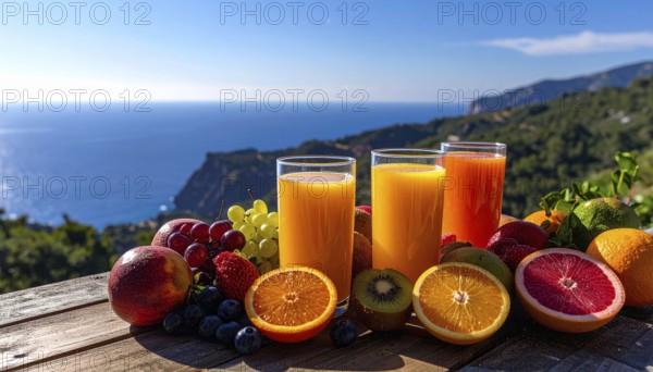 Fresh fruit juices in glasses, surrounded by colorful fruits, showcasing healthy drinking and eating, fitness and wellness lifestyle, AI generated