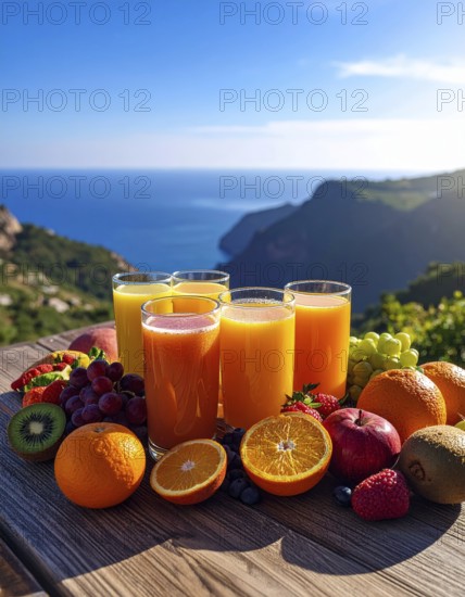 Fresh fruit juices in glasses, surrounded by colorful fruits, showcasing healthy drinking and eating, fitness and wellness lifestyle, AI generated