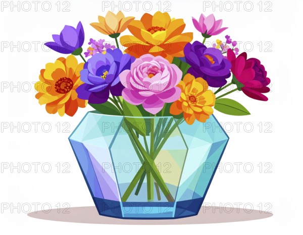 Crystal glass vase with vibrant blooming flowers, vibrant vector drawing illustration for fresh spring background, AI generated