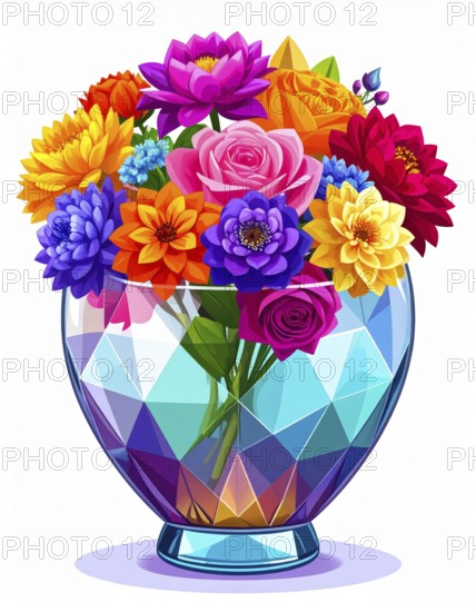 Crystal glass vase with vibrant blooming flowers, vibrant vector drawing illustration for fresh spring background, AI generated