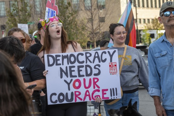 Detroit, Michigan USA - 18 October 2025 - A large crowd gathered for a 'No Kings' rally, protesting President Trump's actions against immigrants and against democratic institutions
