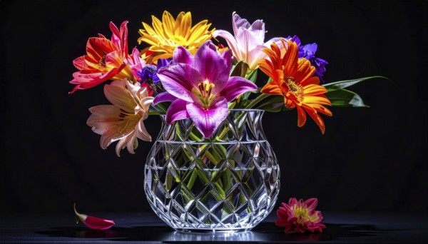 Crystal glass vase with vibrant blooming flowers, fresh spring and summer concept, AI generated