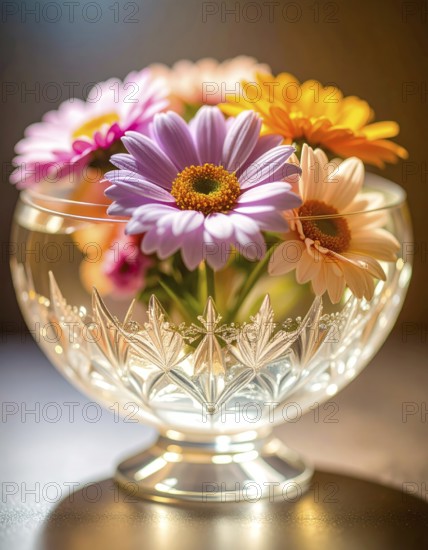 Crystal glass vase with vibrant blooming flowers, fresh spring and summer concept, AI generated