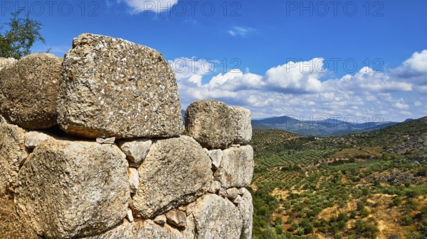 Outer wall, view of the plain, archaeological site, UNESCO World Heritage Site, Mycenae, Mycenae, important city in pre-classical period, Peloponnese, peninsula, Greece
