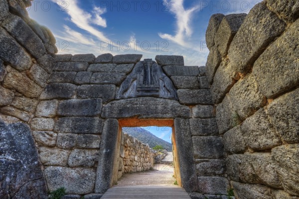HDR, sky changed, lion gate, Mycenae, archaeological site, UNESCO World Heritage Site, Mycenae, Mycenae, important city in pre-classical times, Peloponnese, peninsula, Greece