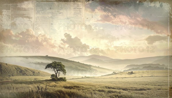 Grunge old public newspaper, texture background wallpaper illustration, vintage tattered yellow press news, AI generated