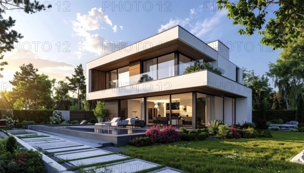 Modern residential house with green garden, simple geometric architecture, clear blue sky in the evening sunset, symbol for a real estate lifestyle, AI generated