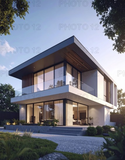 Modern residential house with green garden, simple geometric architecture, clear blue sky in the evening sunset, symbol for a real estate lifestyle, AI generated