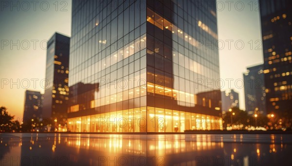 Modern building reflecting sunset light at dusk. Abstract Futuristic Business Background, AI generated