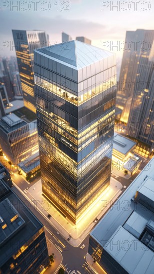 Modern building reflecting sunset light at dusk. Abstract Futuristic Business Background, AI generated