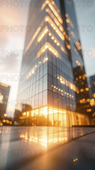 Modern building reflecting sunset light at dusk. Abstract Futuristic Business Background, AI generated