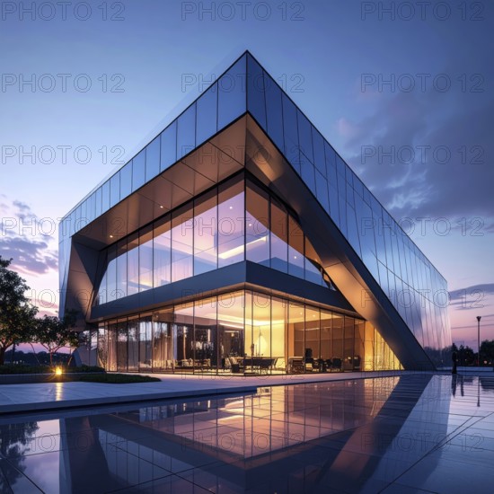 Modern building reflecting sunset light at dusk. Abstract Futuristic Business Background, AI generated