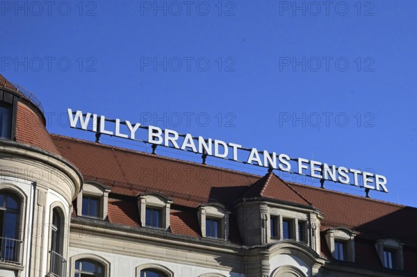 Willy Brandt lettering on the window at the hotel where Brandt visited during GDR times and showed himself at the window