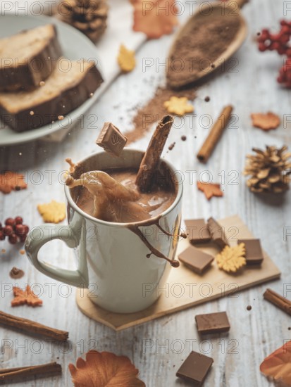 Hot chocolate splashes out of a cup surrounded by cinnamon sticks, cakes and autumn decorations