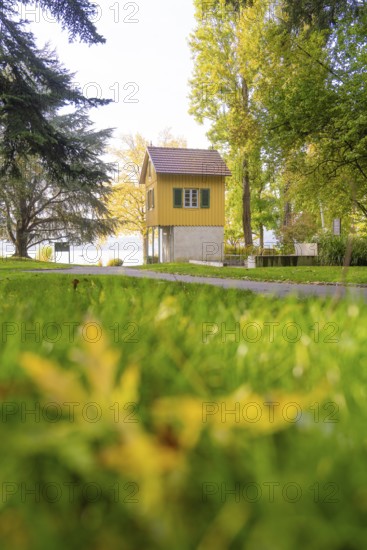 Small yellow house in a meadow surrounded by trees in autumn colors, Überlingen, Lake Constance, Germany