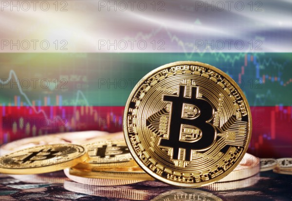 Bitcoin with Bulgaria flag in the background. Investors in cryptocurrency and Blockchain Technology in Bulgaria, Concept