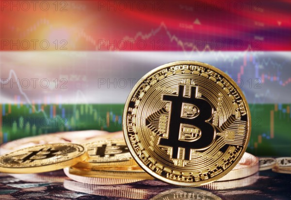 Bitcoin with Hungary flag in the background. Investors in cryptocurrency and Blockchain Technology in Hungary, Concept