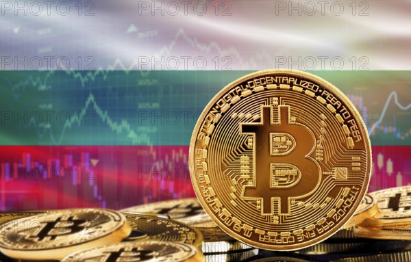 Investors in cryptocurrency and Blockchain Technology in Bulgaria, Concept. Bitcoin with Bulgaria flag in the background