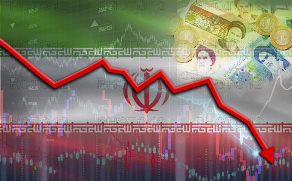 Iran financial fall on economy market. Iran financial crisis on economic graph