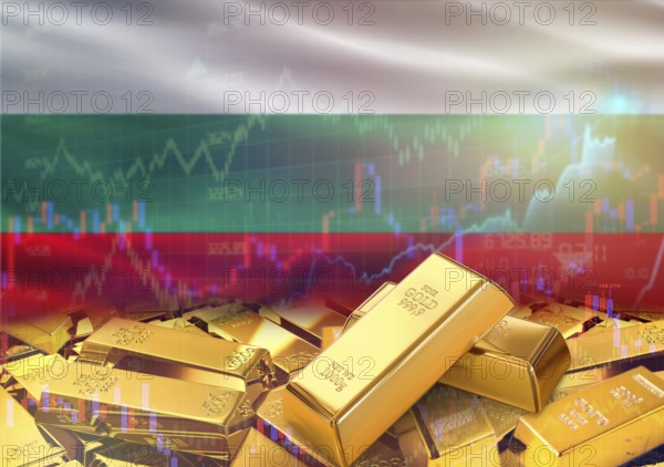 Gold bars on Bulgaria flag in background. Gold bars stacked on Bulgarian flag. Concept of Bulgaria gold reserves