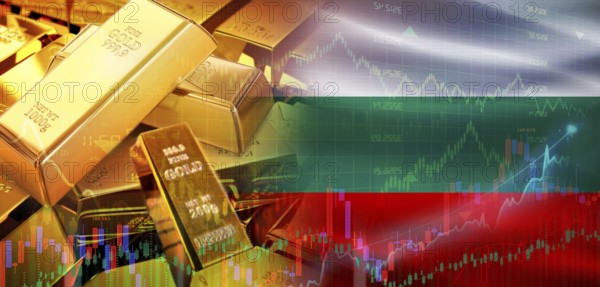 Gold bars stacked on Bulgarian flag. Bulgaria gold reserves, Concept