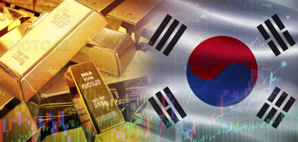 Gold bars stacked on South Korean flag. South Korea gold reserves, Concept