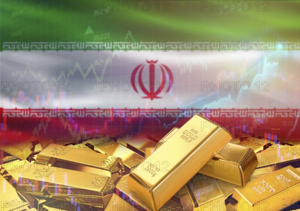 Gold bars on Iran flag in background. Gold bars stacked on Iranian flag. Concept of Iran gold reserves