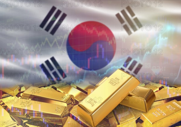 Gold bars on South Korea flag in background. Gold bars stacked on South Korean flag. Concept of South Korea gold reserves