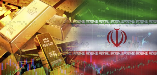 Gold bars stacked on Iranian flag. Iran gold reserves, Concept