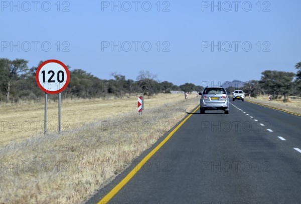 120 km/h speed limit sign on the B1 highway between Windhoek and Otjiwarongo, near Otjiwarongo, Otjozondjupa region, Namibia
