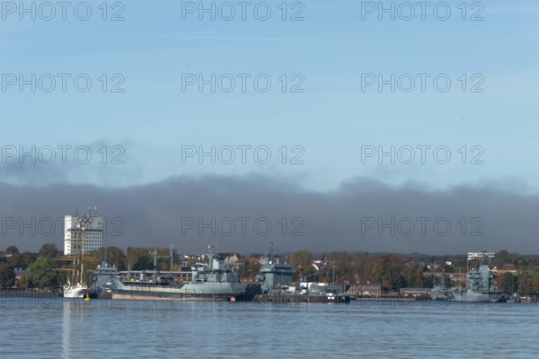 Kiel naval port, district of Wik, sailing school ship Gorch Fock in their home port, fuel transporter A1442 Spessart of the German Navy, Olympic rings, Schleswig-Holstein, Germany